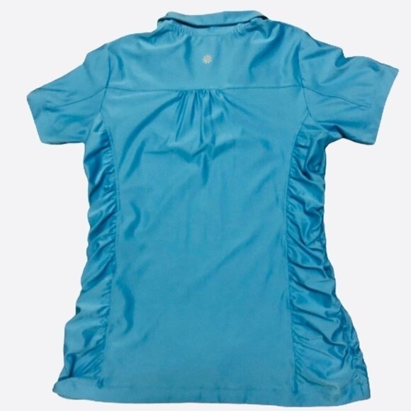 Athleta Womens Birdie Blue Polo Shirt Athletic Golf UPF 50 Rouched Sides Size M - Picture 4 of 13